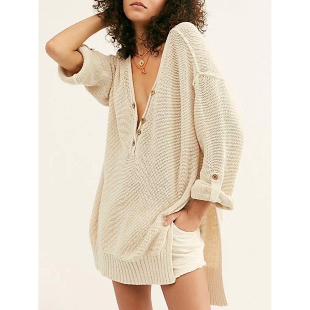 We The Free Free People Cream Firefly Cotton Knit Henley Sweater Tunic Size XS